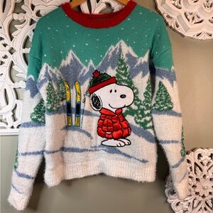Peanuts Teal and Red Knit Sweater with Green Label Ugly Sweater Medium